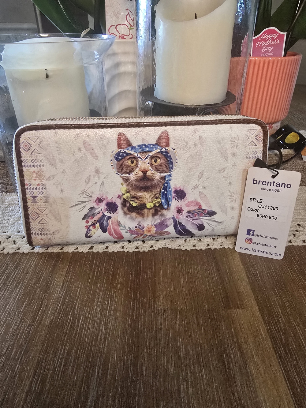 Brentano Boho Cat Print Zip-Around Wallet - Pink Floral